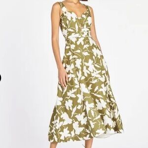 BLU PEPPER Floral Midi SunDress Spaghetti Straps Sweetheart Neckline Green Ivory